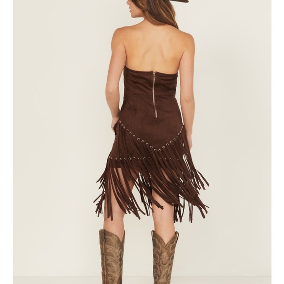 BLUE B WOMEN'S FRINGE FAUX SUEDE STRAPLESS MINI DRESS XL - Picture 3 of 9